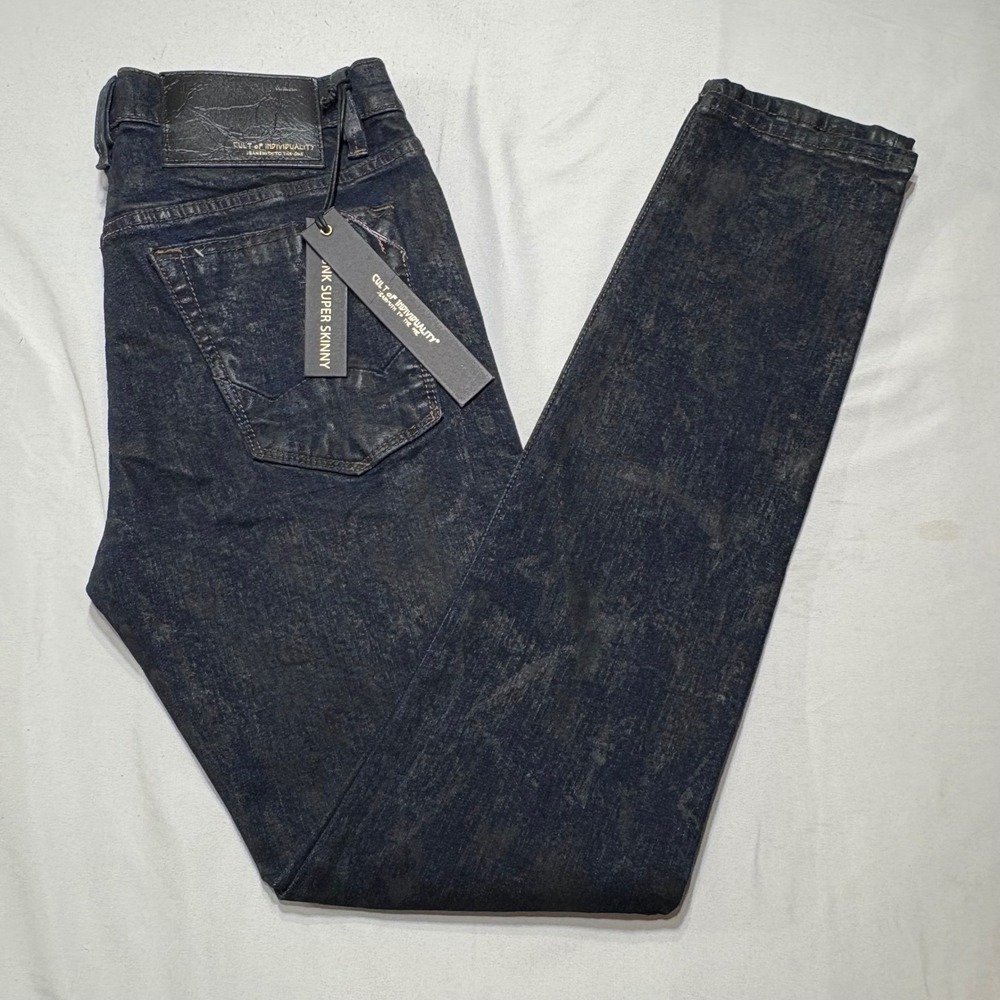 Cult‎ of Individuality Punk Super Skinny Jeans Men 34x32 Indigo Wax Coated Denim